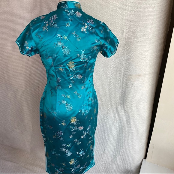 Vintage 6 Asian Print Satin Midi Dress Blue Green - Picture 5 of 8